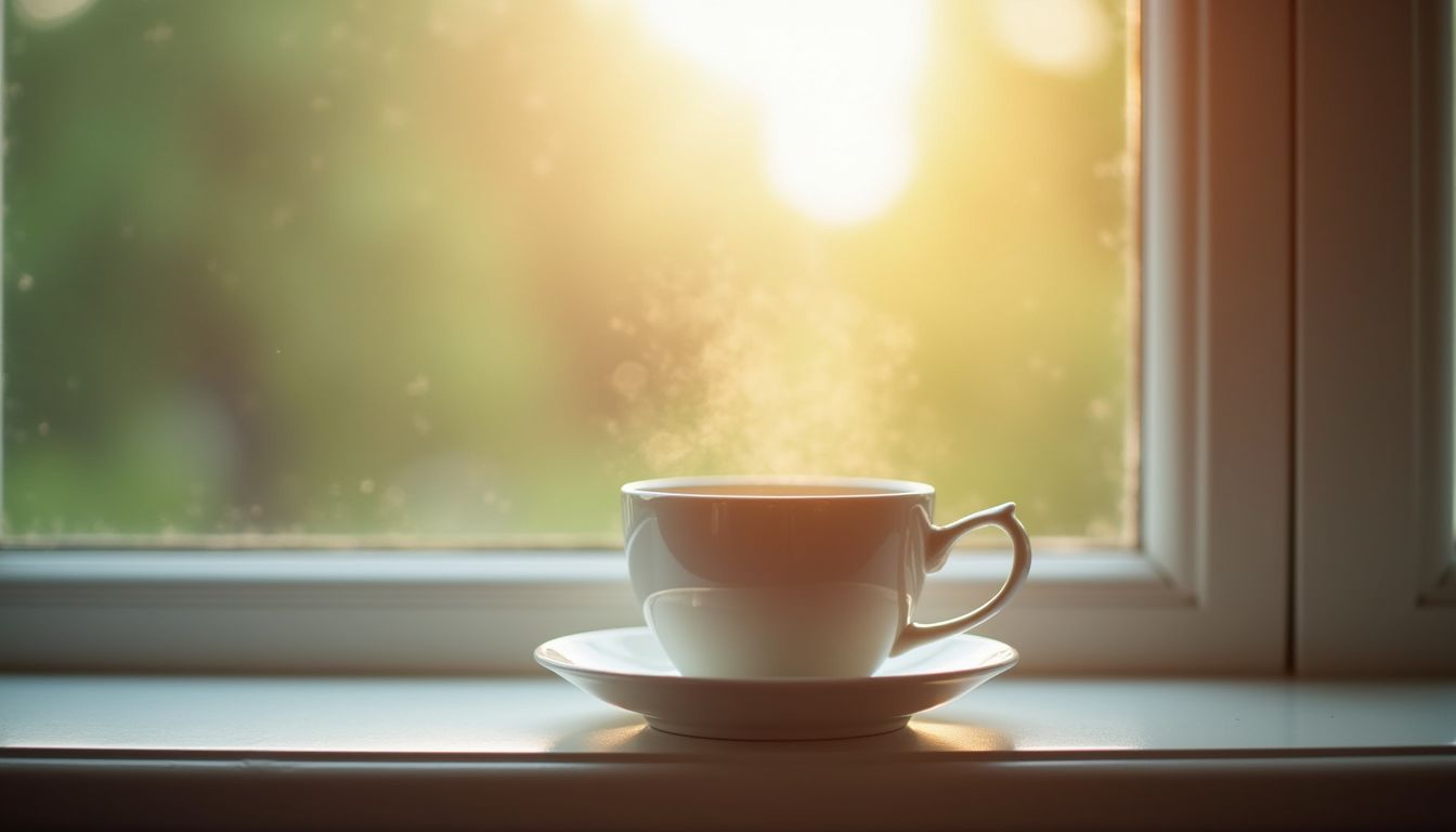 Close-up view of a cup of tea on a windowsill with soft natural light