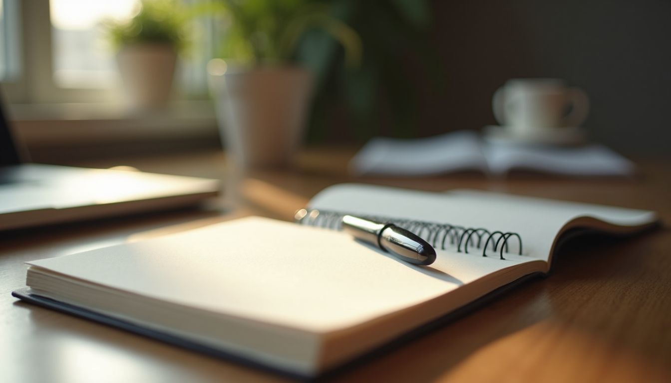 Close-up view of a journal and pen on a wooden desk with soft natural light